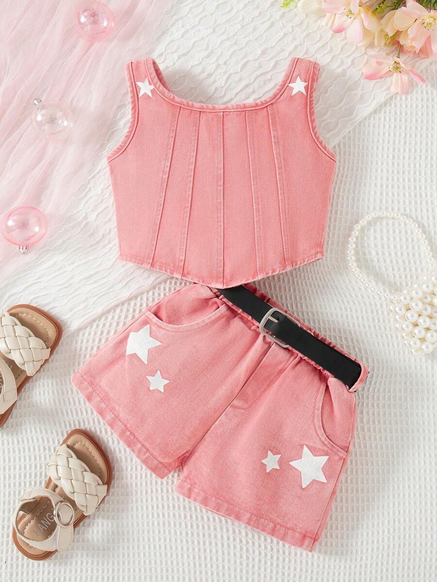 SHEIN Infant/Baby Girls' Fashion Sweet Streetwear Pink Washed Denim Top With Star Print, Matching Printed Shorts Set, Summer - Pink - View 1