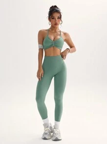 Slayform Women's Sports Set: Cross-Strap Backless Vest & Pantswomen Workout Set - Olive Green - View 5