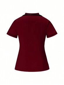 TaskEZ 2pcs Contrast Trim Casual Short Sleeve Top And Solid Color Pants Uniform Set, Scrub Sets - Burgundy - View 3