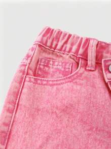 Denimly 女童休闲日常都市街头可爱星星刺绣不对称松紧腰拉链门襟直筒牛仔裤 - 粉色 - 查看 3