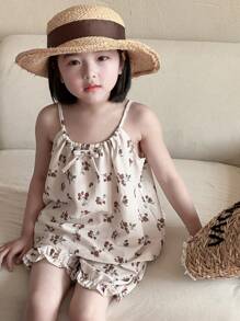 DAZY 2 件套年轻女孩休闲简约花卉吊带背心上衣和短裤，女孩夏季服装
