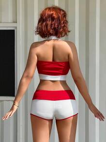SHEIN Sweetina 甜美运动拼色腰带和抽绳复古低腰短裤套装 - 紅白色 - 查看 2