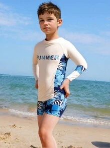 男童热带印花长袖和短裤泳衣套装