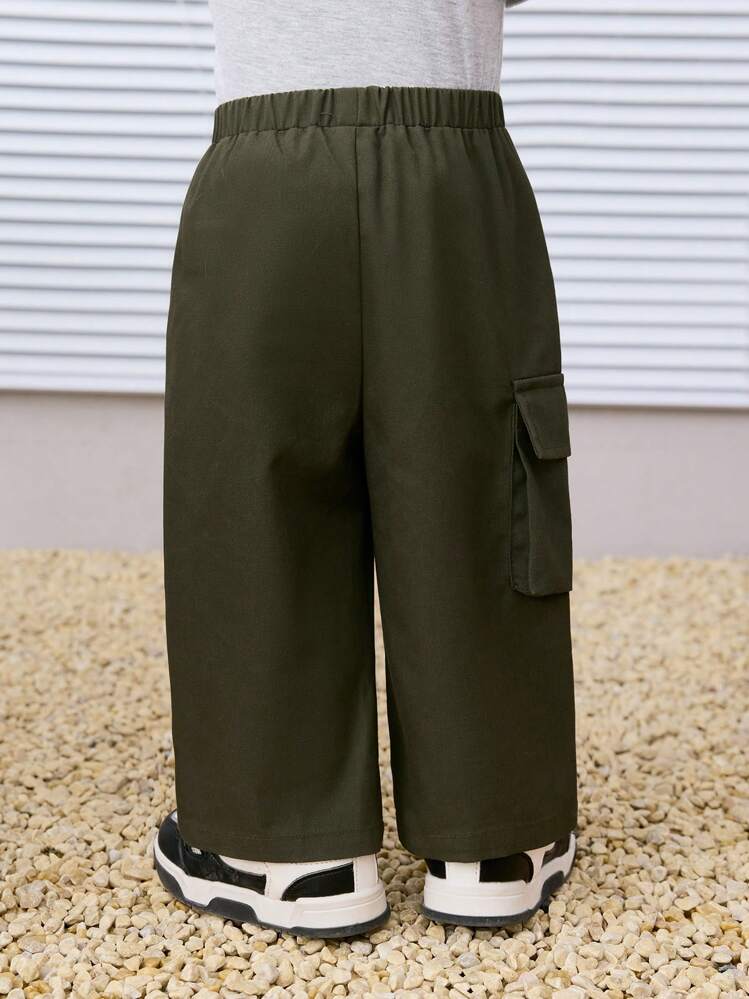 SHEIN 休闲斜口袋直筒宽松纯色编织裤，适合男宝宝和女宝宝，春夏装，居家和户外 - 軍綠色 - 查看 2