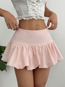 SHEIN Unity 粉色 A 字褶皱荷叶边低腰迷你裙，时尚简约优雅甜美休闲百搭百搭夏季衣橱女性必备品