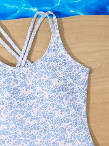 SHEIN 少女小碎花连体泳衣，可调节交叉肩带设计，蓝白印花沙滩装 - 彩色 - 查看 3