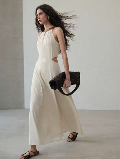 MOTF PREMIUM 亚麻镂空挂脖连衣裙