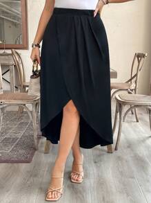 Breezaya Falda midi plisada con envoltura plisada en talla grande - Negro - Ver 5