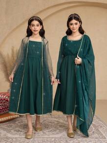 2pcs/Set Tween Girls Mesh Jacket & Spaghetti Strap Dress Set - Dark Green - View 5