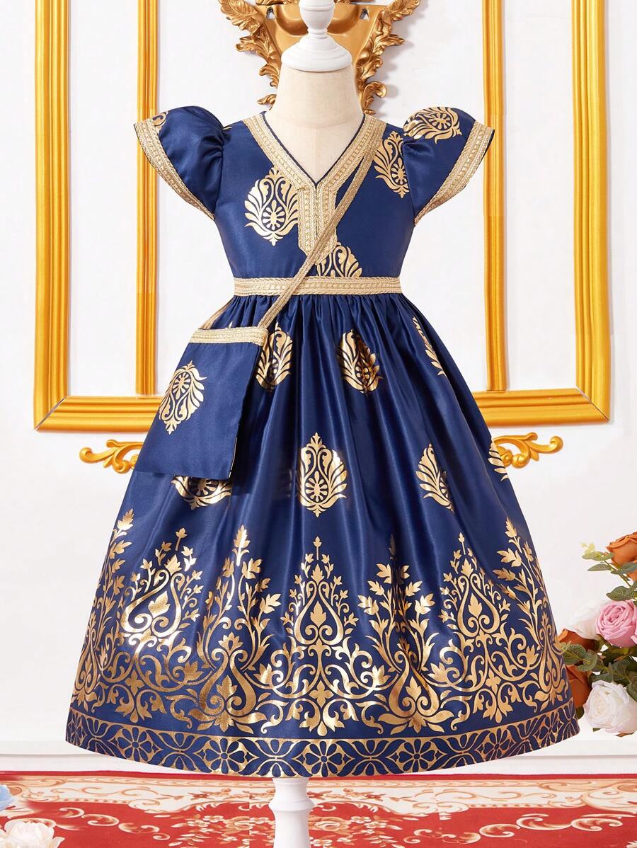 SHEIN Girls' Royal Blue National Day Tunic Abaya Kaftan Jalabiya, Middle East Ramadan Ramadan Girl's Native Traditional Dress With Golden Totemic Heat Transfer Pattern, Extra Long Length Golden Trim Belt Waistline Flared Skirt, Paired With One Bag, Golden Edging Ribbon Texture Cap Sleeve, Luxurious High-End, Suitable For Banquet, Outgoing, Festival Occasion Dress