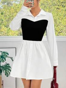 SHEIN EZwear New Black & White Contrast Splice Short Sleeve Shirt Dress, Spring/Summer - Black and White - View 1