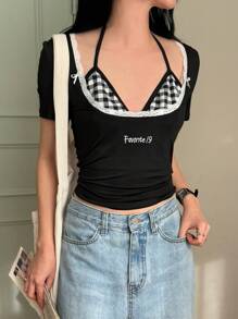 DAZY Camiseta informal de verano estampada a cuadros 2 en 1 para mujer - Negro - Ver 5