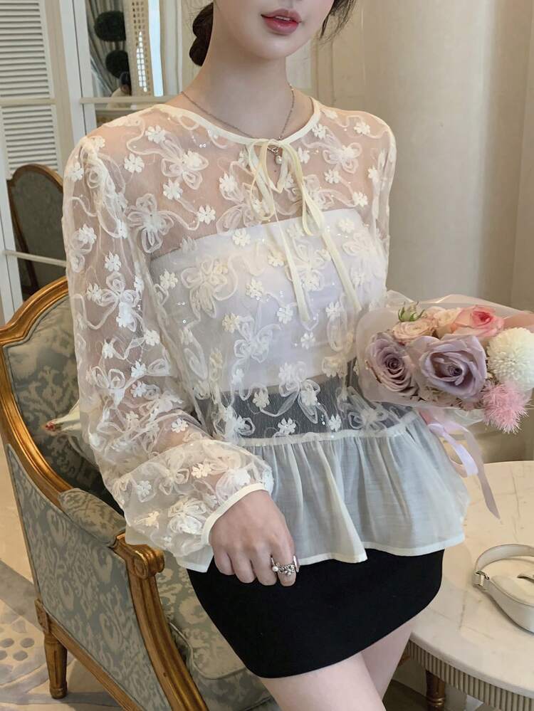Women's Autumn New Floral Embroidered Lace Up Crew Neck Long Sleeve Lace Blouse,Ruffle