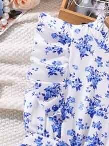 SHEIN Tween Girls' Elegant Floral Print Frill Trim Dress - Baby Blue - View 4