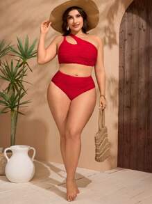 SHEIN Swim Curve 情人节基本款加大码单肩泳装套装，适合夏季海滩度假