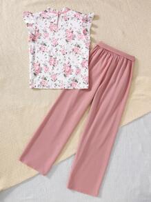 SHEIN Leap Crew Teen Girls Floral Print Woven Short Cap Sleeve Shirt With Bowknot Waist & Long Pants 2Pcs Set - Pink - View 2