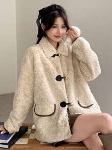 DAZY 女士撞色抓绒外套，秋季女装女式外套 - 米色 - 查看 6