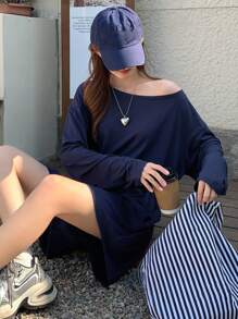 DAZY Women's Solid Color Loose Long Sleeve Off Shoulder Jumpsuit Summer Romper Lounge Sets For Women - Navy Blue - View 4