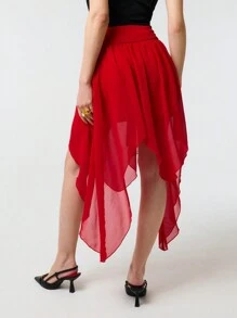 SHEIN Unity Jupe mi-longue rouge à taille haute avec volant et lacets contrastés en avant