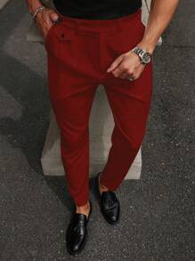 Manfinity Mode Pantalones casuales rectos de hombre con bolsillo y decorados con botones de un solo color - Burdeos - Ver 8