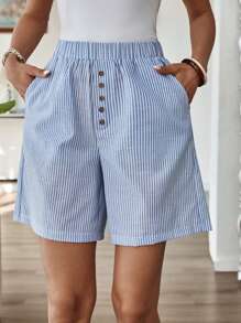 EMERY ROSE 中腰百慕大短裤，纯色，侧袋，宽松，膝盖长度，基本款式 - 藍白色 - 查看 4