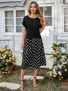 EMERY ROSE 2pcs Women Casual Minimalist Daily Short Sleeve Top & Skirt Set