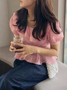 DAZY 方领修身短款女式衬衫，荷叶边，娃娃衫，度假风