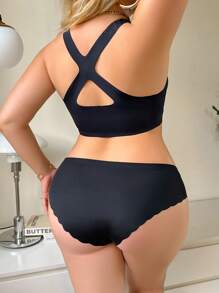 2 件套大码女式纯色无袖蕾丝边上衣和内衣套装 - 黑色 - 查看 2