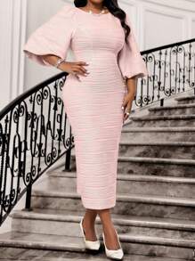 SHEIN Lady 春夏优雅通勤办公室粉色针织纹理圆领铅笔喇叭袖中长袖大码连衣裙优雅女装高档服装夏季女士夏装夏季连衣裙夏装女士春装大码女装 - 粉色 - 查看 5