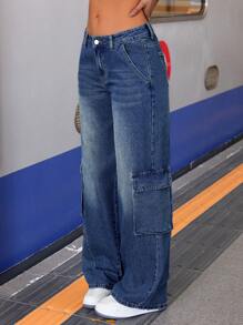 SHEIN ICON Women's Cargo Pocket Wide Leg Casual Jeans