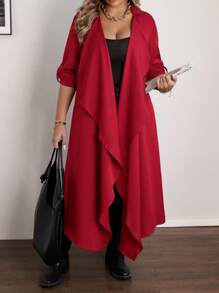 EMERY ROSE Plus Size Casual Waterfall Lapel Long Cardigan For New Year Clothes - Red - View 5