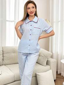 Dream Adore Casual Plaid Color Block Button Collar Short Sleeve Women Pajama Set