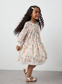 Maija Kids Maija Kids 春夏少女可爱动物碎花宽松舒适度假休闲外出春游活力校园聚拢灯笼袖荷叶边下摆A字长袖圆领连衣裙 - 彩色 - 查看 3