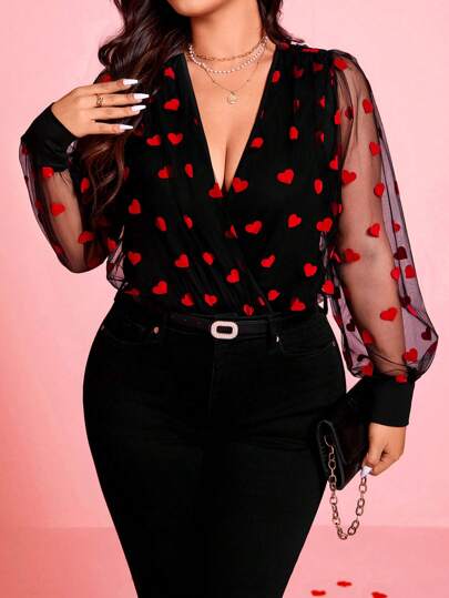 SHEIN Clasi Valentine DayPlus Size Women's Heart Print Mesh Patchwork Knit Bodysuit, Elegant Style For Valentine's Day