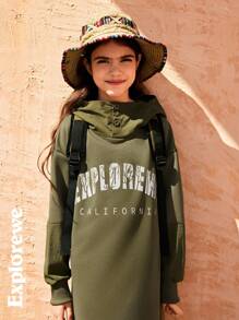SHEIN Tween Girl 字母印花长袖连帽休闲连衣裙