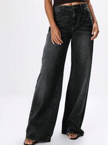 MUSERA 低腰宽松蜡面牛仔裤，春夏90年代Y2K风格，优雅休闲可爱，适合音乐会、冬季日常办公等各种场合，时尚百搭。 - 黑色 - 查看 2