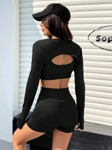 SHEIN EZwear Black Elastic Knit Tight Yoga Sports Vest And Shorts Set For Women