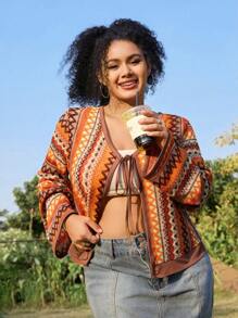 SHEIN EZwear Plus Size Romantic Colorful Hollow Out Striped Slim Fit Tie-Front Shirt, Spring - Multicolor - View 3