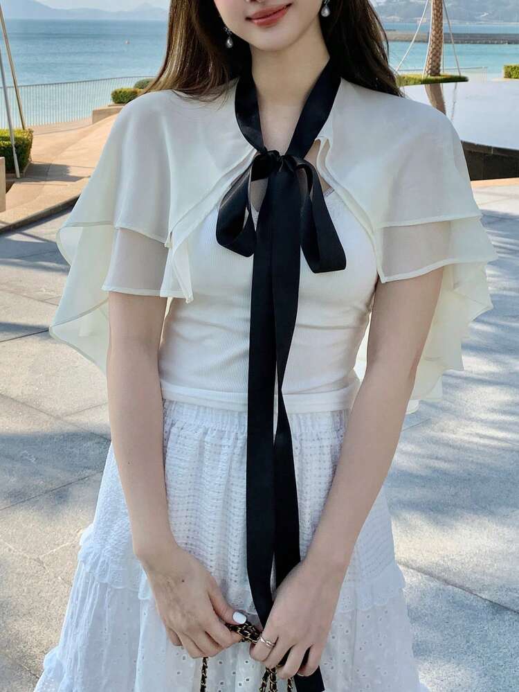 Women's Color-Block Layered Ribbon Trim Blouse,Ruffle