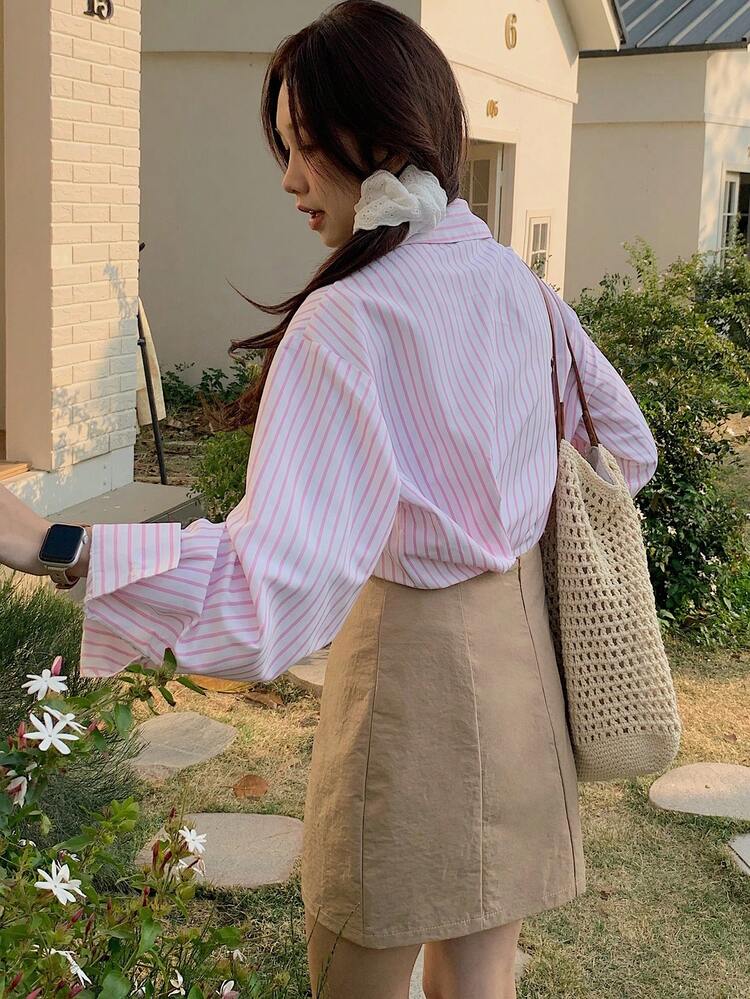 2pcs Women Striped Blouse And Solid Color Skirt Set