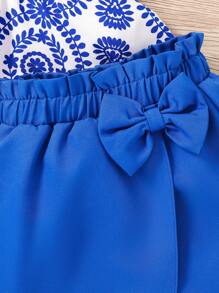 SHEIN 2pcs/Set Young Girl Ditsy Floral Camisole Top & Woven Shorts Set - Blue - View 3