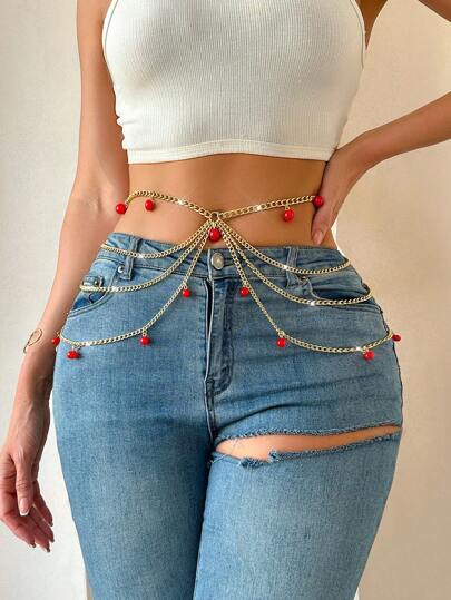 红色珠饰多层腰链