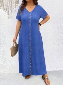 Breezaya Plus Size Women's Summer Denim Effect V-Neck Short Sleeve Casual T-Shirt Dress Maxi Women Outfit