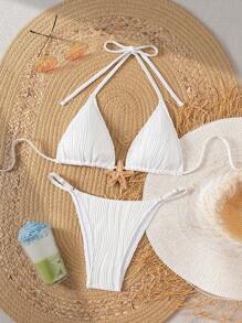 Swim SXY 2pcs Women Summer Beachwear Set, Sexy Solid Color Halter Backless Metal Starfish Print Bikini Swimwear - White - View 3