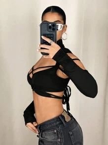 SHEIN ICON Top de manga larga de talla mujer con cuello alto, recorte posterior hueco y estilo urbano