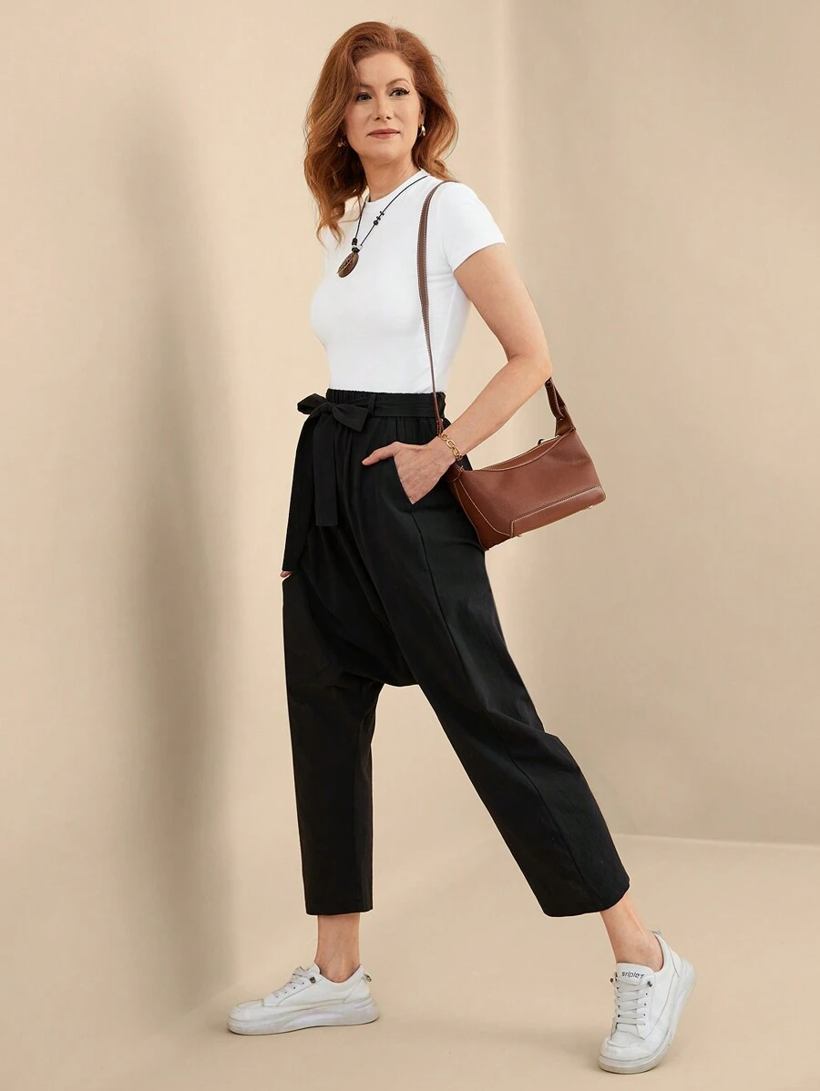 EMERY ROSE Women's Solid Color Casual Loose Knotted Waist Harem Pants Fall Cloth For Women - Black - View 1