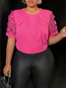 Slaydiva Plus Size Summer Elegant & Commute & Party Loose Solid Rose Red Short Sleeve Mesh Butterfly Appliques Blouse, Spring/Autumn - Hot Pink - View 1