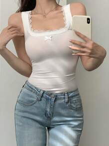 DAZY Casual Solid Color Lace Trim Bowknot Decor Tank Top