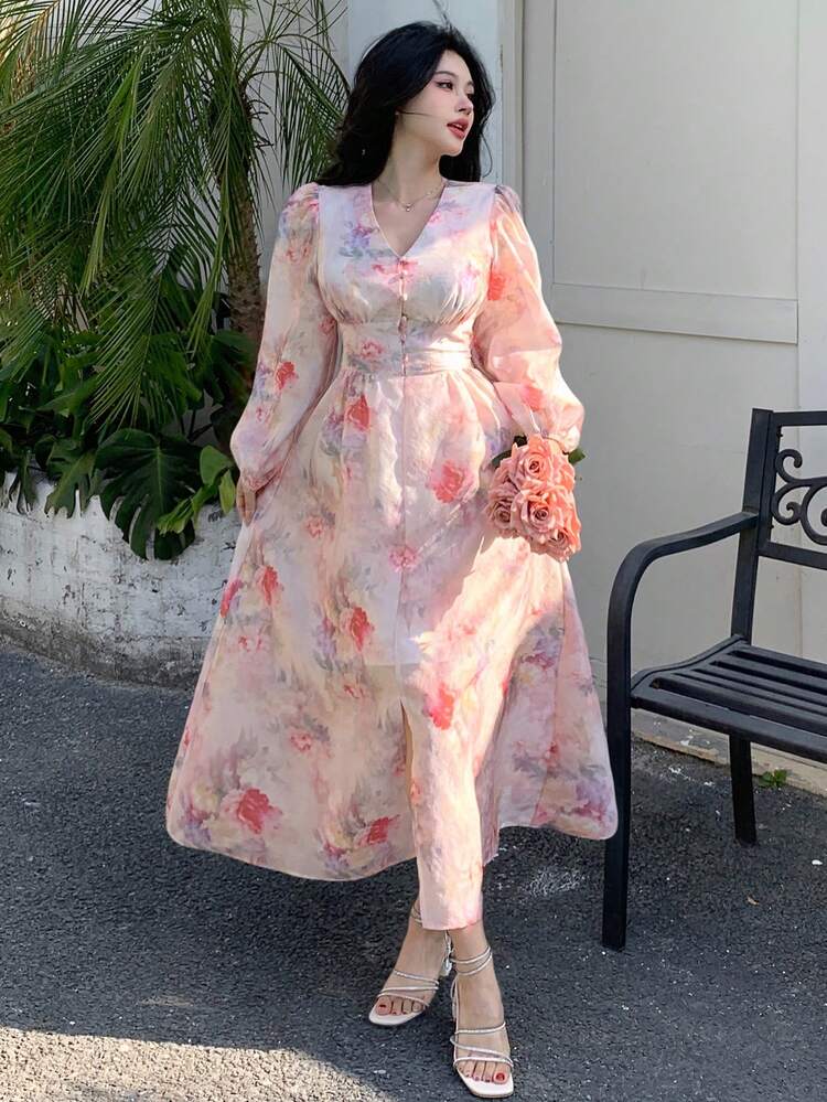 Vestido Casual Midi Feminino, Simples e Elegante para Uso Diário, Vestido Longo de Manga Longa Floral Boho para Outono