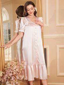 V-Neck Single Breasted Ruffle Trim Faux Silk Short Sleeve Nightgown - Dusty Pink - View 5
